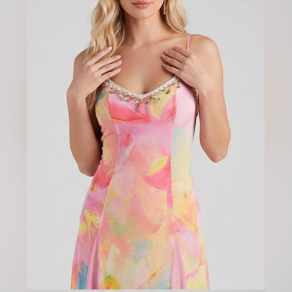 Y2K Pastel Pink Watercolor Mesh Maxi Dress - Picture 4 of 13